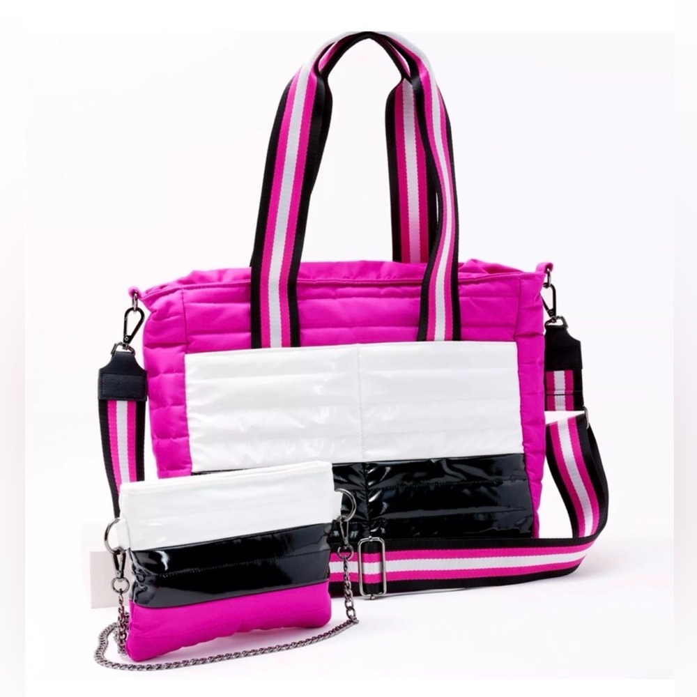 Think Royln Pink White Black Quilted color block Tote Bag + Pouch NWT